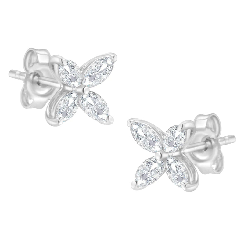 14K White Gold 3/4 Cttw Marquise Diamond 8 Stone Floral Leaf Stud Earrings (H-I Color, SI1-SI2 Clarity)