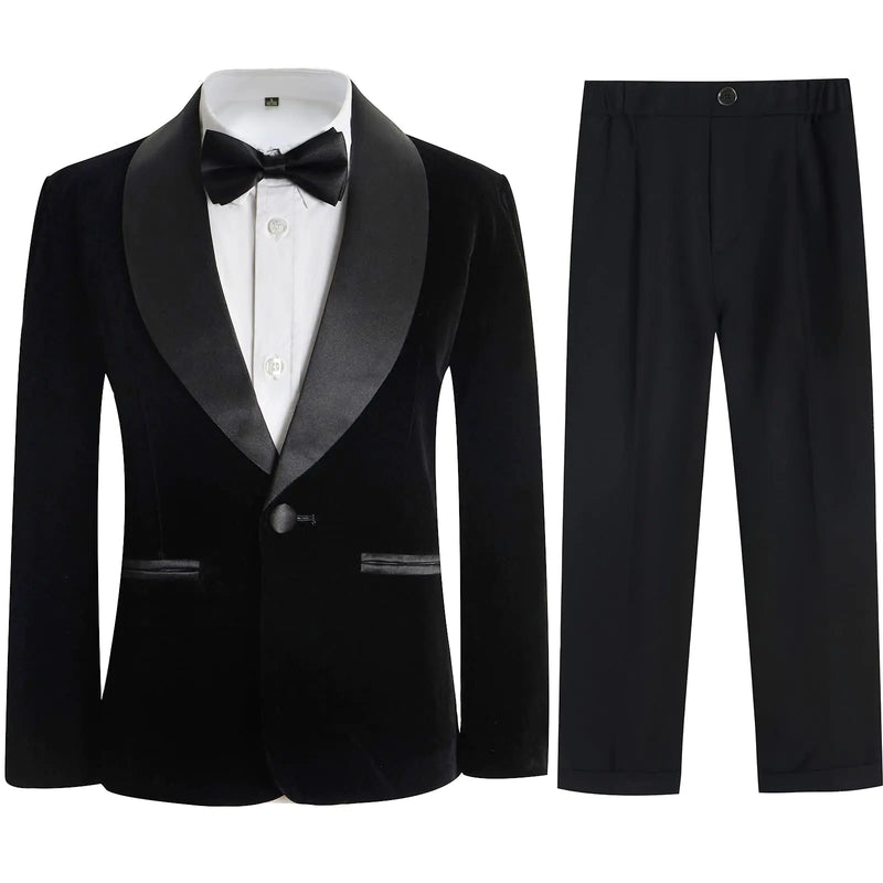 Boys Tuxedo Suit 3 Pieces Kids Formal Slim Fit Velvet Suits Set for Wedding Prom Party Black