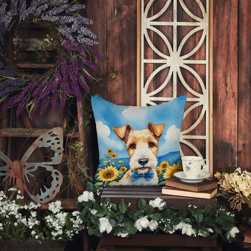 Fox Terrier in Sunflowers Throw Pillow