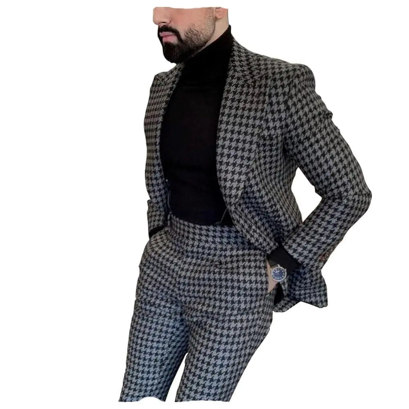 Premium Houndstooth Dogstooth Plaid Slim Fit Suits Groom Tuxedo for Wedding Prom Jacket Blazer Pants Suit Set