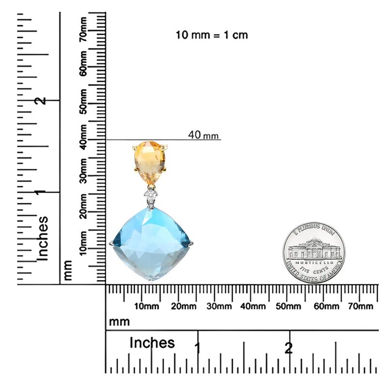 18K White and Yellow Gold Diamond Accent and Pear Cut Lemon Quartz and Cushion Cut London Blue Topaz Gemstone Dangle Drop 18" Pendant Necklace (G-H Color, SI1-SI2 Clarity)