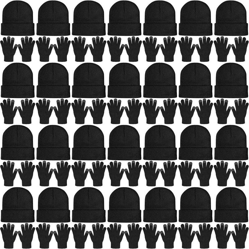 SATINIOR 56 Pieces Bulk Winter Hats Winter Beanies Touchscreen Gloves Combo Pack Knitted Cuffed Skull Caps Bulk Pack for Men Women Black