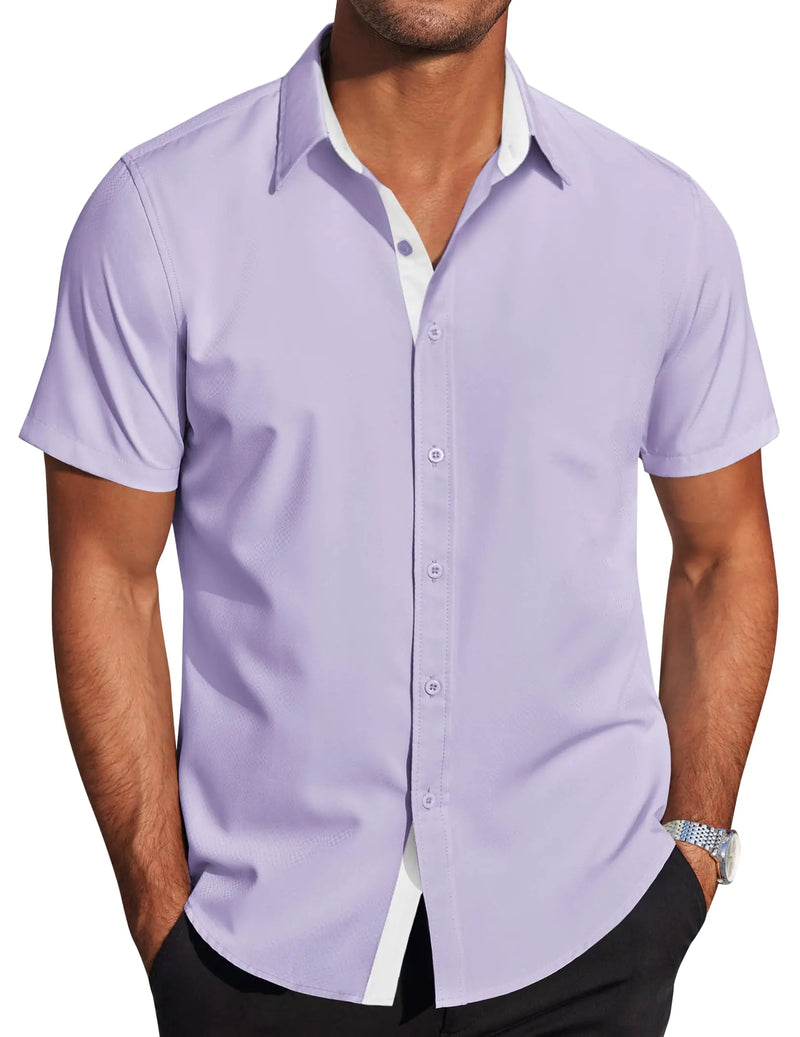 COOFANDY Mens Formal Button Down Shirts Short Sleeve Regular Fit Business Dress Shirts Lilac