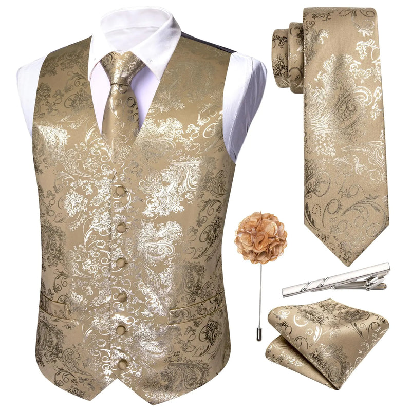 Barry.Wang Mens Party Vest Tie Set Shiny Gold Paisley Flower Waistcoat Handkerchief Cufflink Clip Brooch 6PCS
