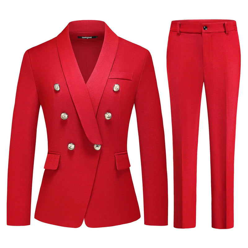 Lamgool Womens Suits 2 Piece Set Shawl Lapel Jacket and Pants Business Casual Outfits (Red Large)