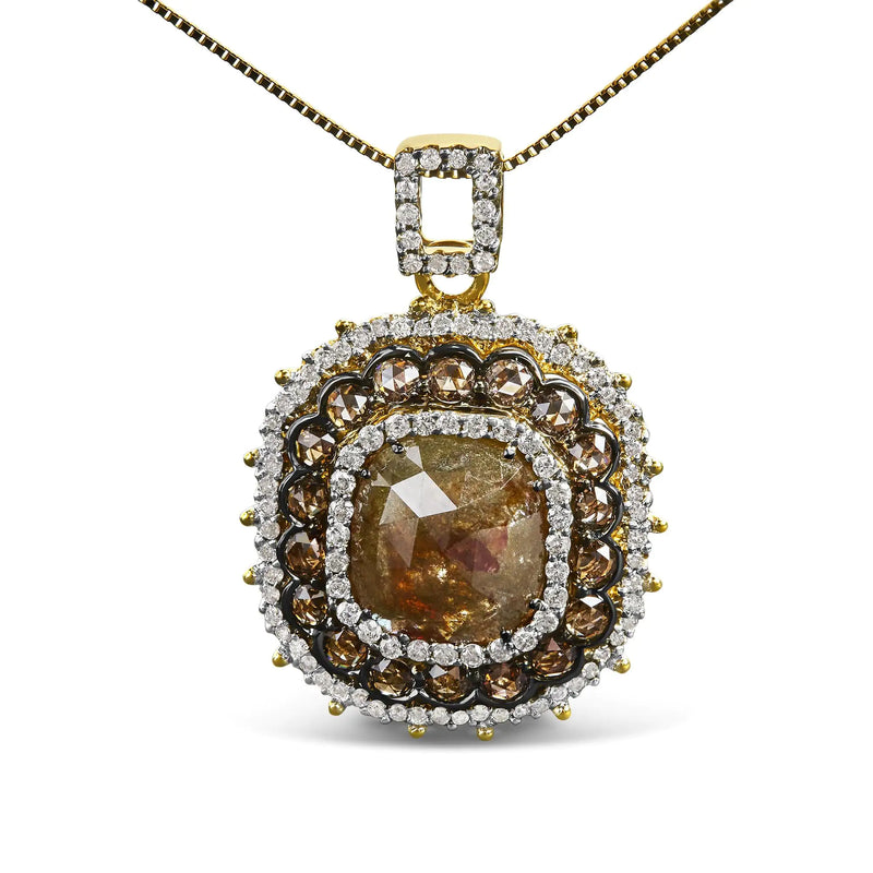 14K Yellow Gold 4 1/5 Cttw Fancy Color Rose Cut Diamond Cushion Shaped Triple Halo 18" Inch Pendant Necklace (Fancy Color, I2-I3 Clarity)