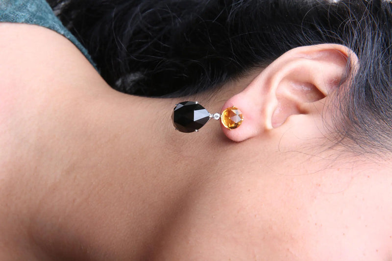 18K White and Yellow Gold 1/5 Cttw Diamond with Round Yellow Citrine and 20x15mm Pear Cut Black Onyx Gemstone Dangle Earring (G-H Color, SI1-SI2 Clarity)