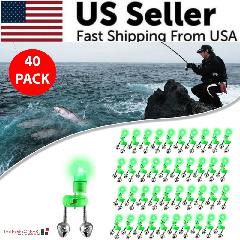 10/40 PC LED Night Fishing Bite Bait Alarm 2 Bells Light Rod Tip Clip Alert Ring