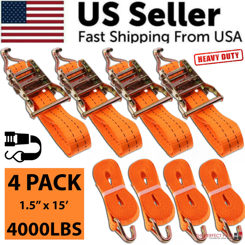 4 PK Ratchet Tie Down Straps 1.5" x 15 Feet 4,000 LB Safety J Hook Heavy Duty US