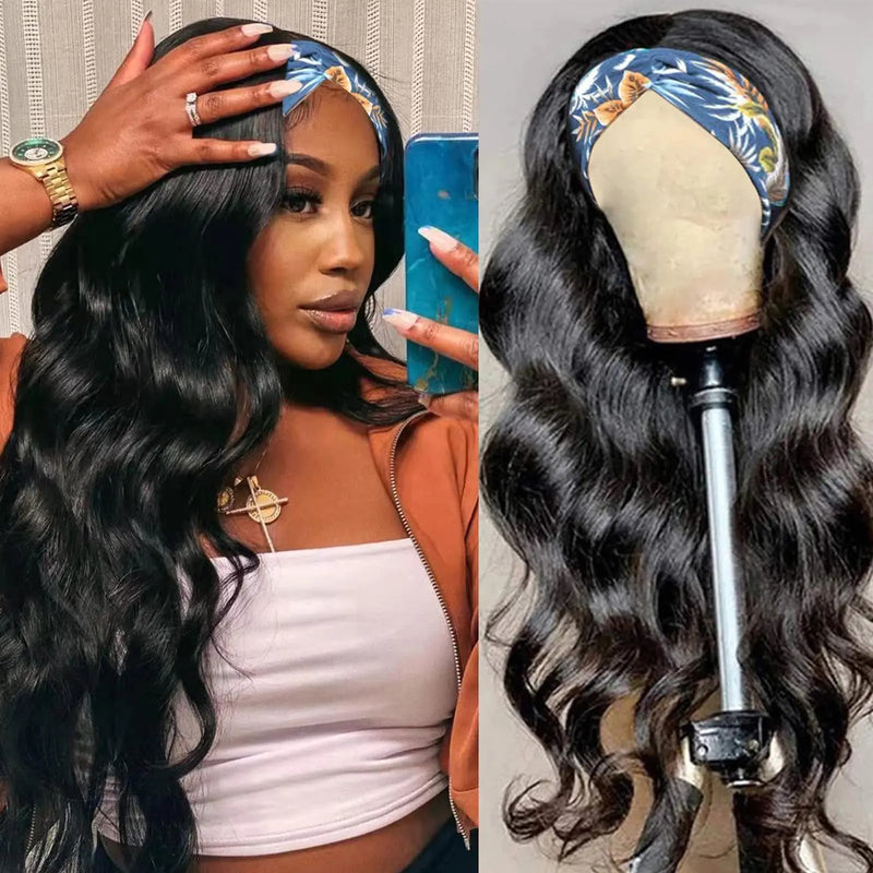 Headband Wig Human Hair Wigs Body Wave Headband Wig Glueless Human Hair Wig for black women human hair glueless None Lace Front Wigs 180% Density Wear and Go Wig Machine Made Headband Wigs (24in)