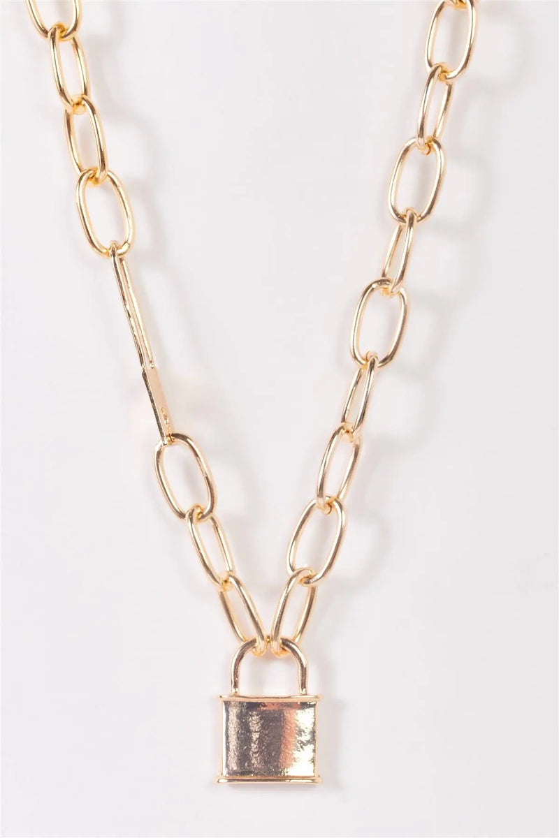 Gold Paper Clip Chain Padlock Pendant Necklace