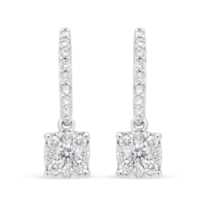 14K White 1/2 Cttw Round Diamond Halo Dangle Hook Earring - (H-I Color, SI2-I1 Clarity)