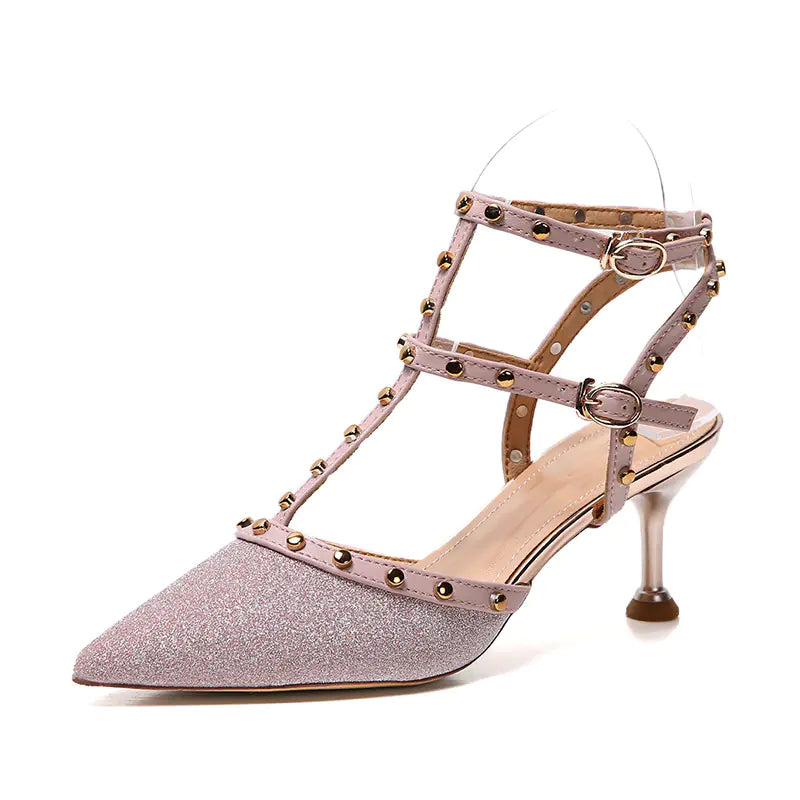 Pointed Toe Stiletto Sandals with Studded Straps