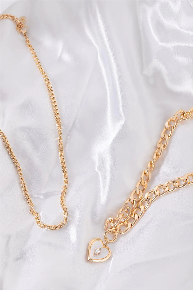 "Sailor Moon" Gold Link Chain Pearl Heart Medallion Necklace Set