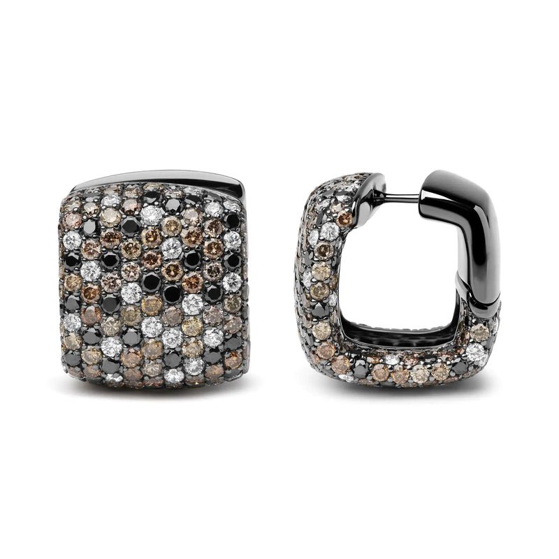 Black Rhodium Plated 18K White Gold 12 5/8 Cttw Multi Color Diamond Square Domed Huggie Hoop Earrings  (Brown, Black, G-H Color, SI1-SI2 Clarity)