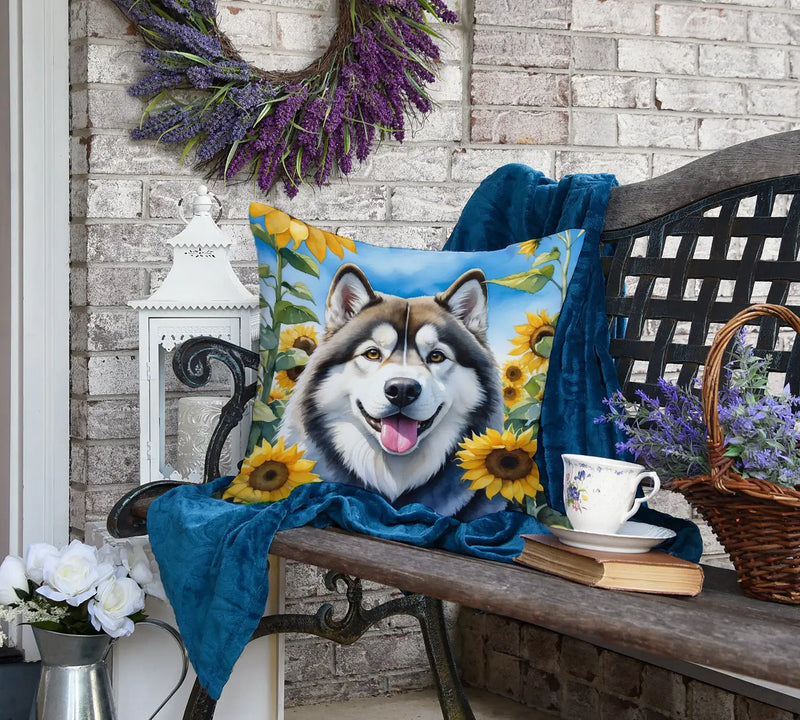 Alaskan Malamute in Sunflowers Throw Pillow