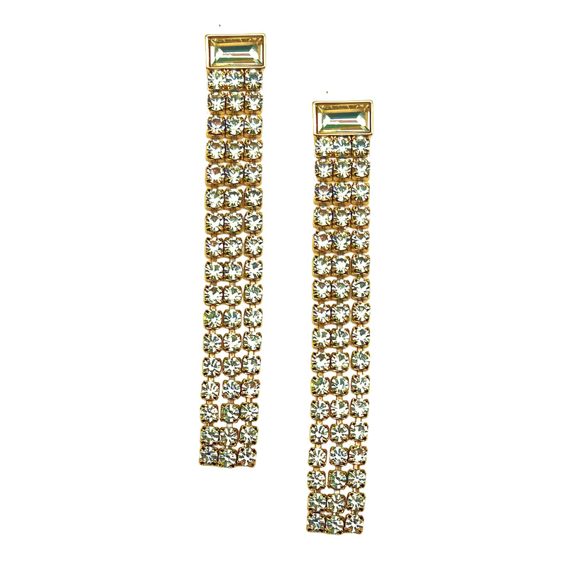 Statement Earrings with Baguette Rhinestone Top & Chain Fringe - Gold Plated