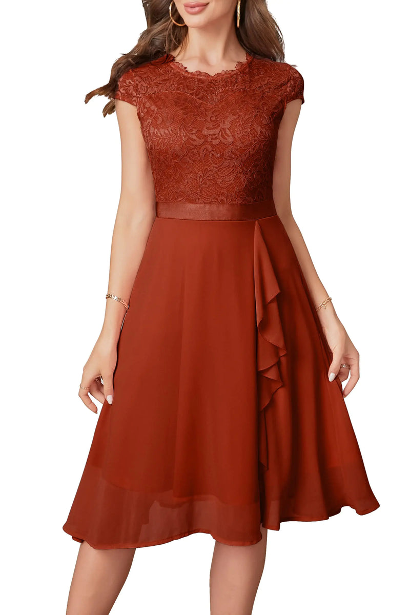 Womens Cocktail Dresses for Women Evening Party Tea Party Dresses for Women 2024 Wedding Guest Dress Black Prom Semi Formal Dress Elegant Lace Silk Bridal Shower Dress for Women Rust Brown XL