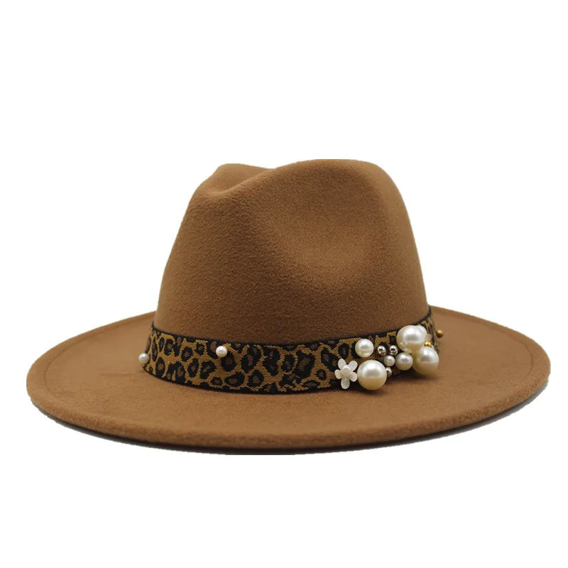 Fashion Pearl Leopard Print Wool Fedora Hat for Women