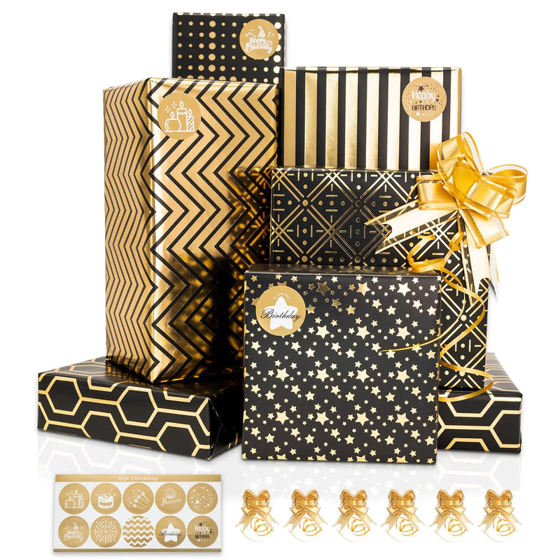 Vnaaem Gift Wrapping Paper with Gift Bow and Sticker 6 Pc Black Gold Foil Star and Geometric Patterns Gift Wrap for Birthday Holiday Baby Shower Christmas Wedding Fathers Day 27.5x19.6in