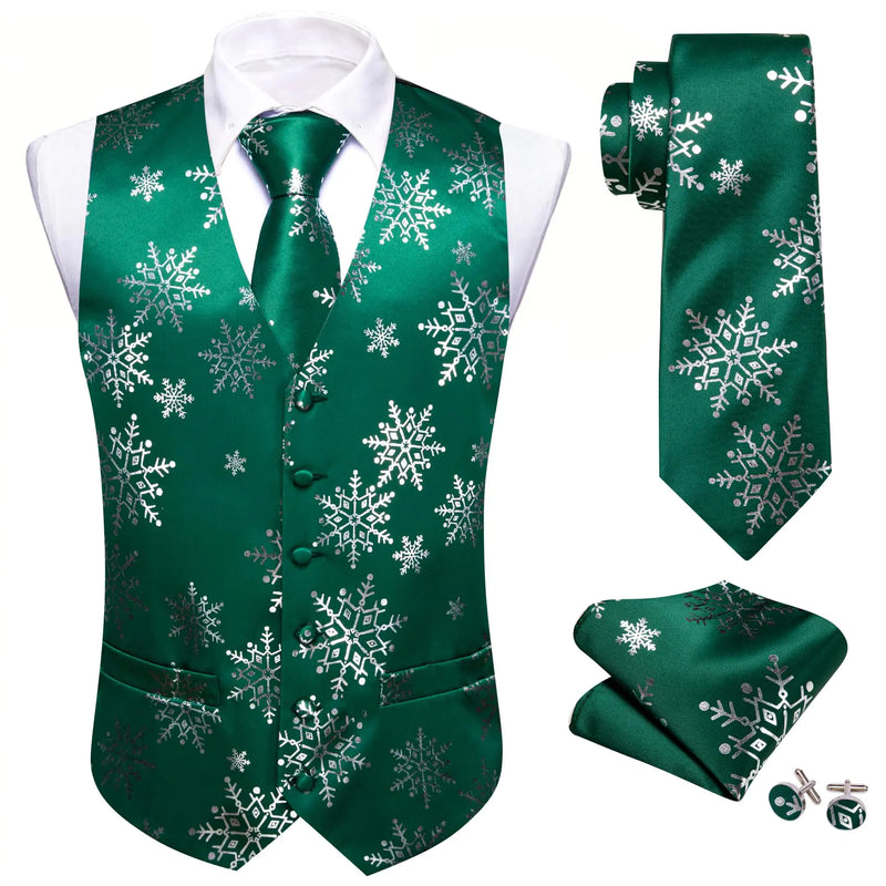 Barry.Wang Men Christmas Vest Green Silver Xmas Snowflake Holiday Suit Waistcoat Tie Set New Year Festival