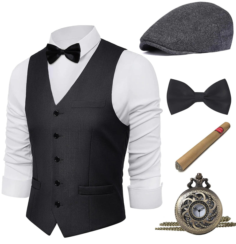 BABEYOND 1920s Mens Gatsby Gangster Vest Costume Accessories Set Fedora Hat
