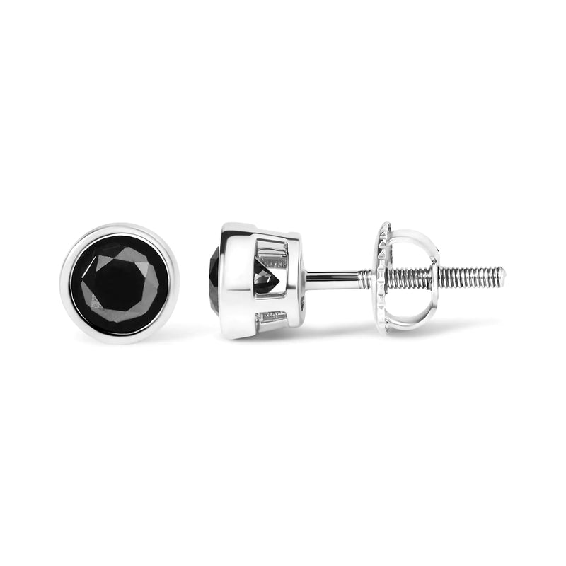 .925 Sterling Silver Round Brilliant-Cut Black Diamond Bezel-Set Stud Earrings with Screw Backs (Fancy Color-Enhanced, I2-I3 Clarity)