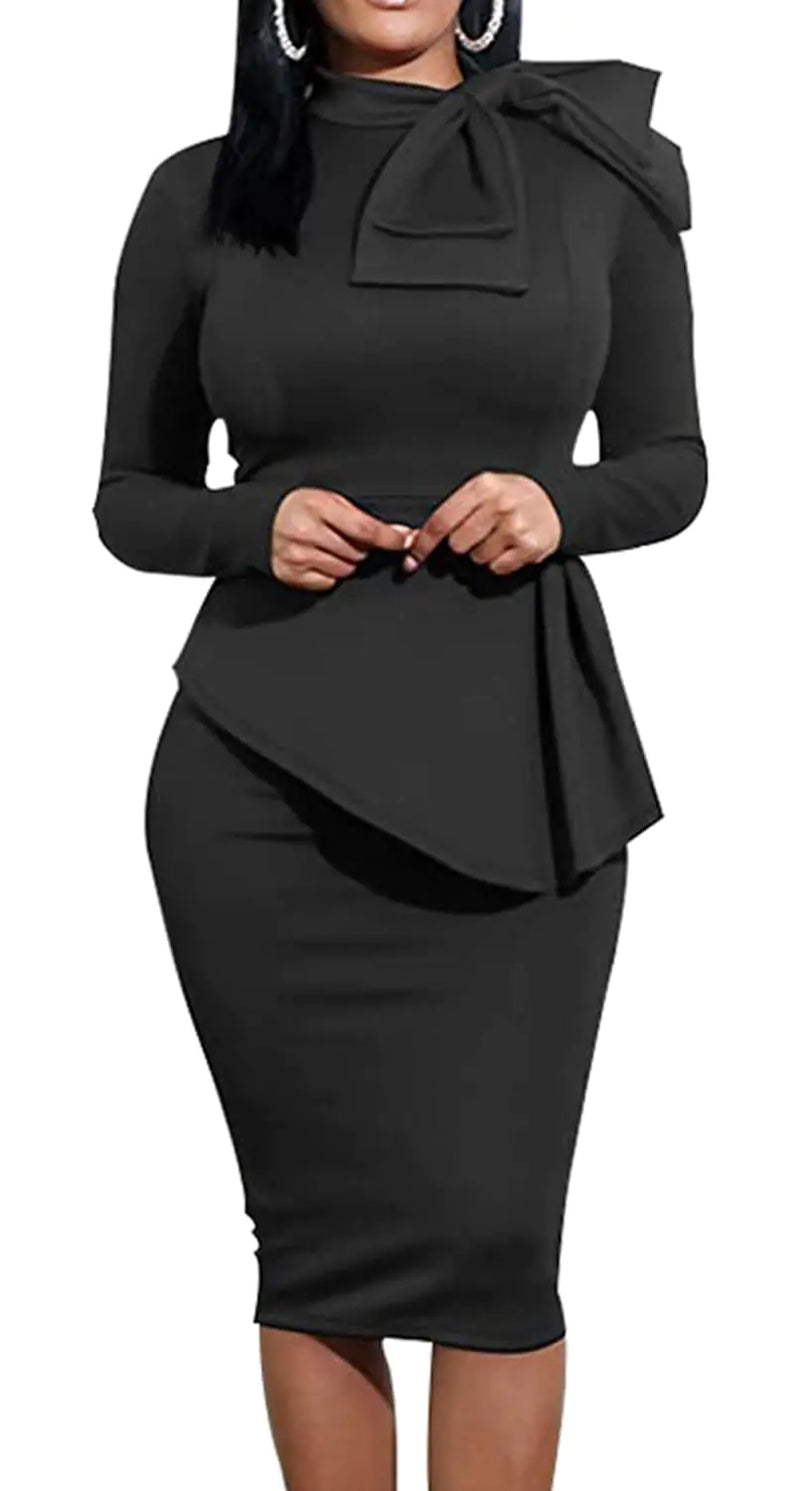 HipGlamp Womens Fashion Peplum Bodycon Dresses Long Sleeve Bow Club Ruffle Pencil Party Dress B Black