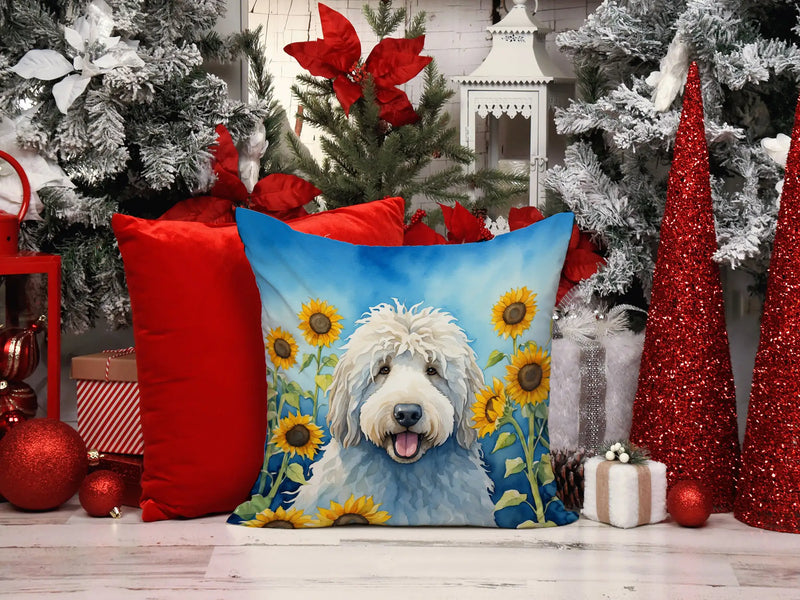 Komondor in Sunflowers Throw Pillow