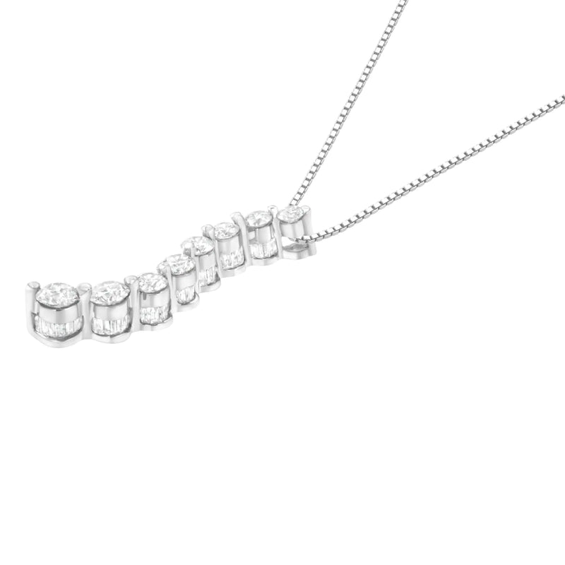 AGS Certified 14k White Gold 3.0 Cttw Baguette and Brilliant Round-Cut Diamond Journey 18" Pendant Necklace (K-L Color, I1-I2 Clarity)