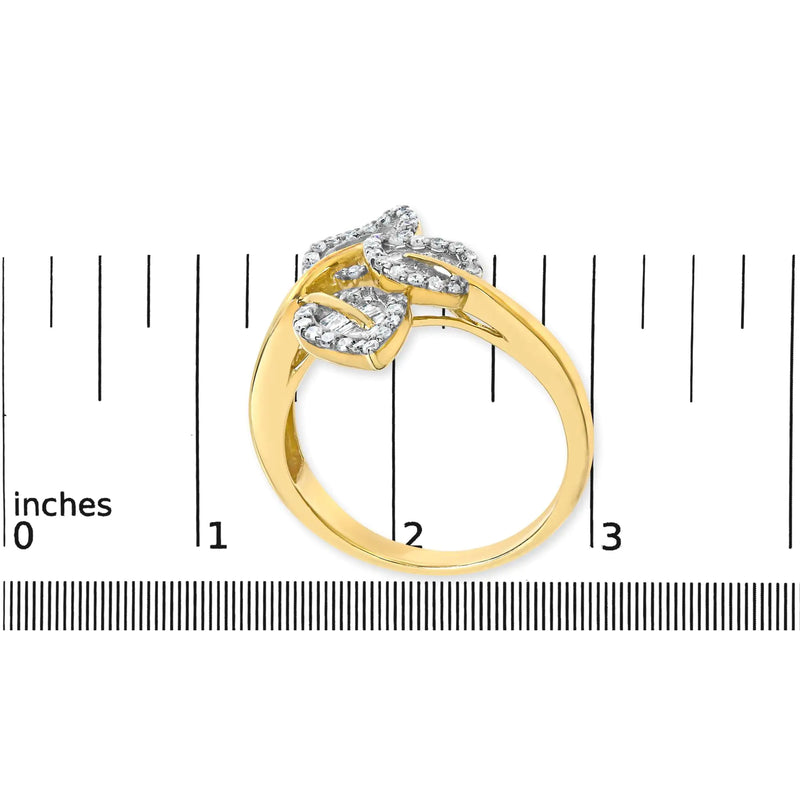 18K Yellow Gold Plated .925 Sterling Silver 1/2 Cttw Baguette and Round Diamond Bypass Triple Leaf Ring (I-J Color, I1-I2 Clarity)