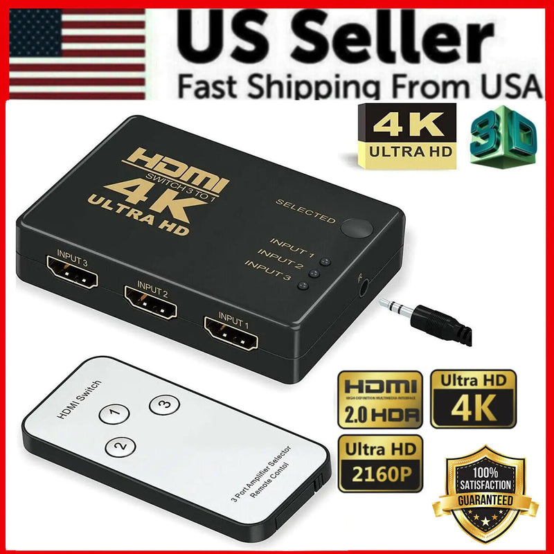 4K HDMI 2.0 Cable Splitter Switcher Box Hub IR Remote Control 3X1 Power 3 to 1