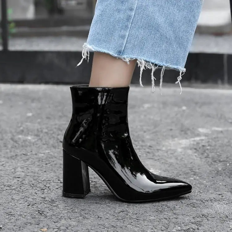 Shiny Pointed Toe Chunky Heel Ankle Boots for Women