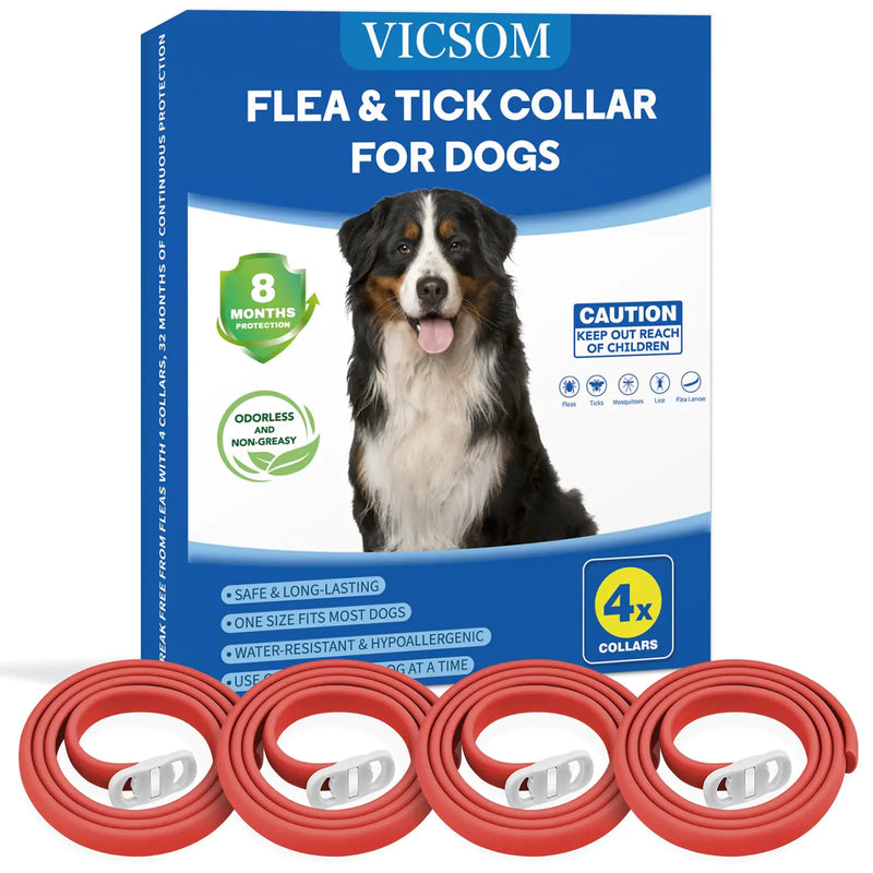 4 Pack Flea Collar for Dogs Dog Flea and Tick Collar 8 Months Flea and Tick Prevention for Dog Waterproof Adjustable Puppy Collar Natural Tick and Flea Collars for Small Medium Large Dogs Red