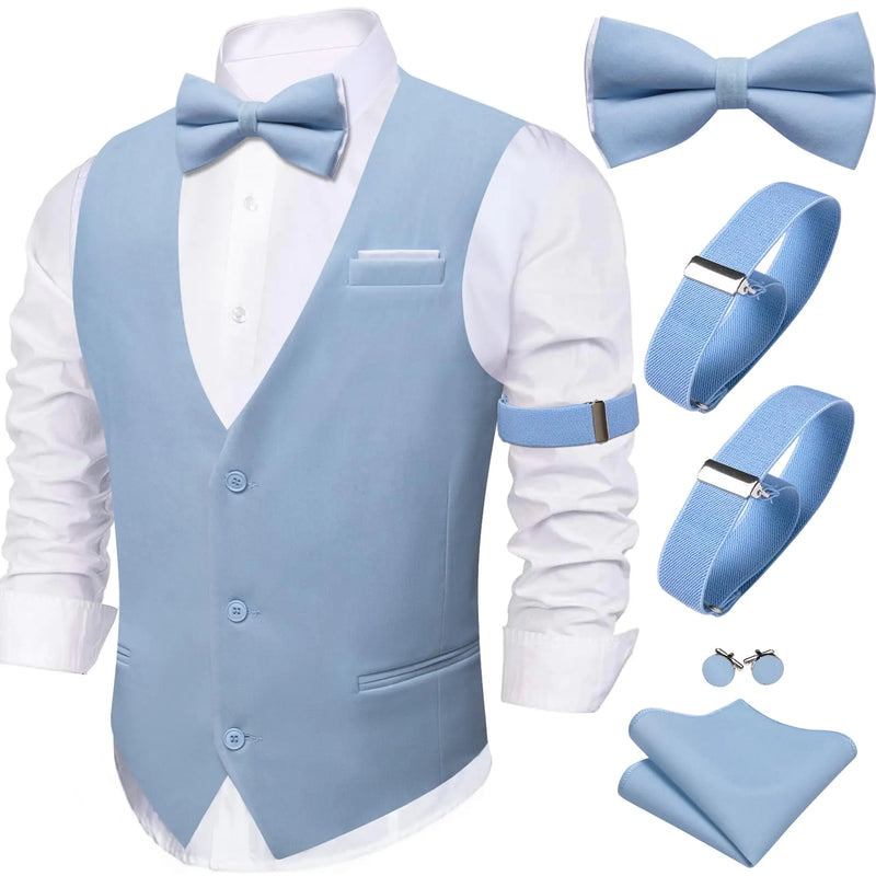 Barry.Wang Mens Velvet Vests Formal Waistcoat Bowtie Set Hanky Cufflink Armband Wedding Party Tuxedo Vest 6PCS