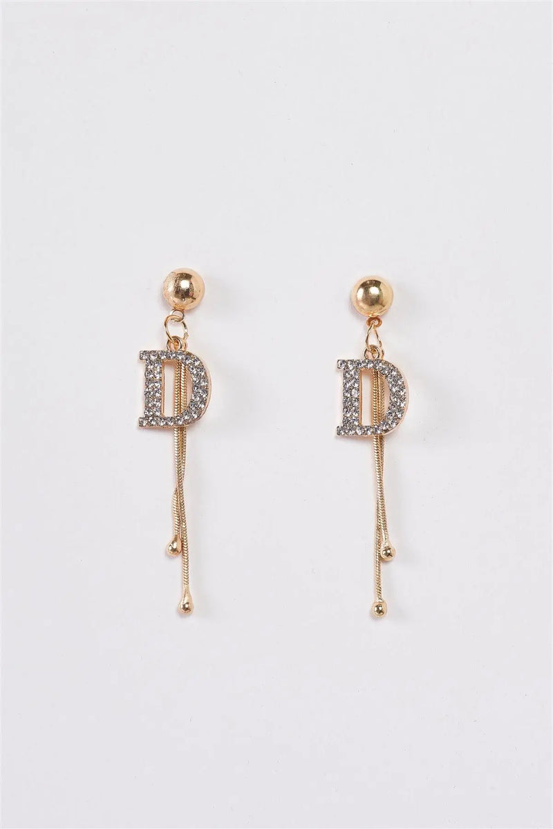 Gold & Rhinestone "D" Accent Double Wire Drop Earrings