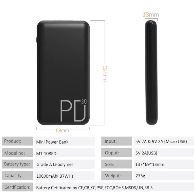 10000mAh Slim PD Fast Charge Power Bank