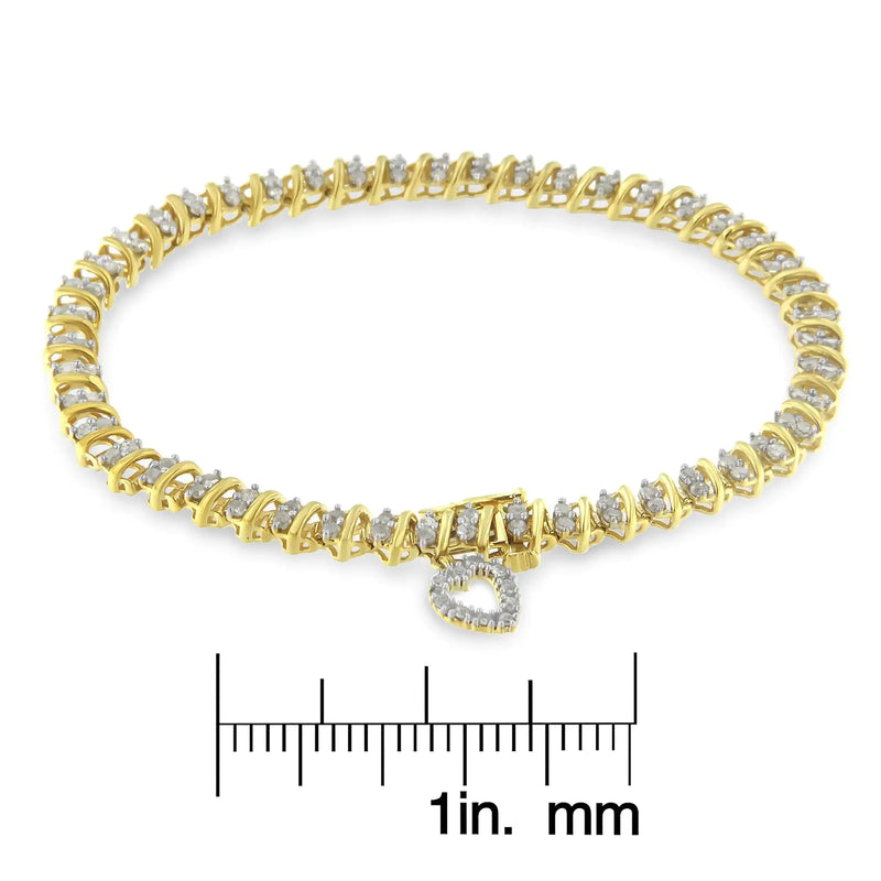 10K Yellow Gold over .925 Sterling Silver 2.0 Cttw Diamond Heart Charm 7" Link Bracelet (I-J Color, I3 Clarity)