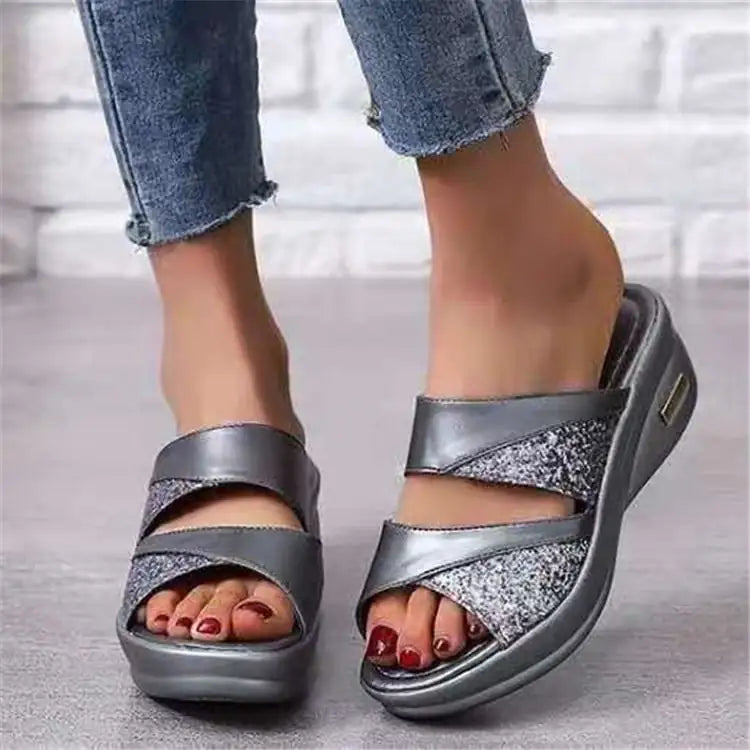 Sequined Wedge Heel Fish Mouth Slippers for Women