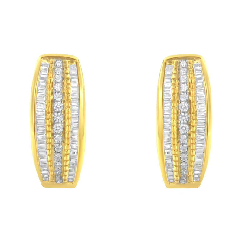 10K Yellow Gold 3/4 Cttw Pave and Channel Set Diamond Triple Row Modern Hoop Earrings (I-J Color, I2-I3 Clarity)