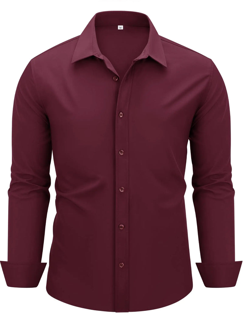 MAGE MALE Mens Dress Shirts Solid Long Sleeve Stretch Wrinkle-Free Formal Shirt Business Casual Button Down Tops Burgundy