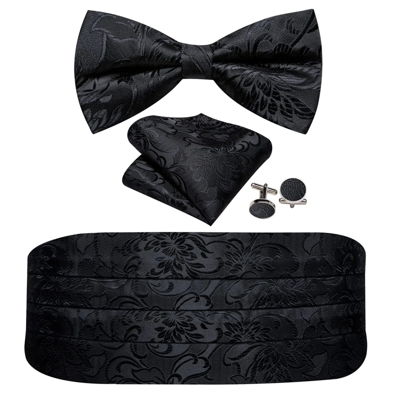Barry.Wang Men Silk Paisley Cummerbund and Pre-tied Bowtie Handkerchief Cufflink Set for Tuxedo