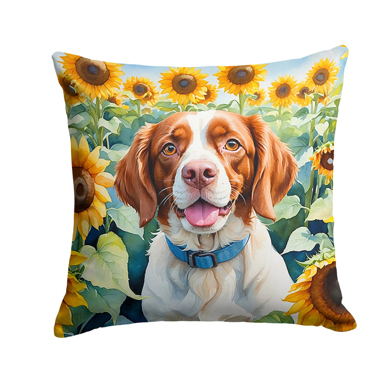 Brittany Spaniel in Sunflowers Throw Pillow