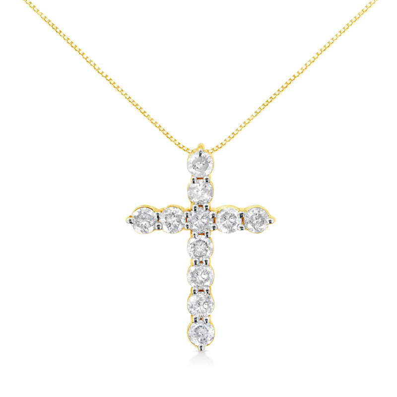 10K Yellow Gold 1.0 Cttw Round Brilliant Cut Diamond Cross Pendant Necklace with Box Chain (J-K Color, I1-I2 Clarity) - 18"