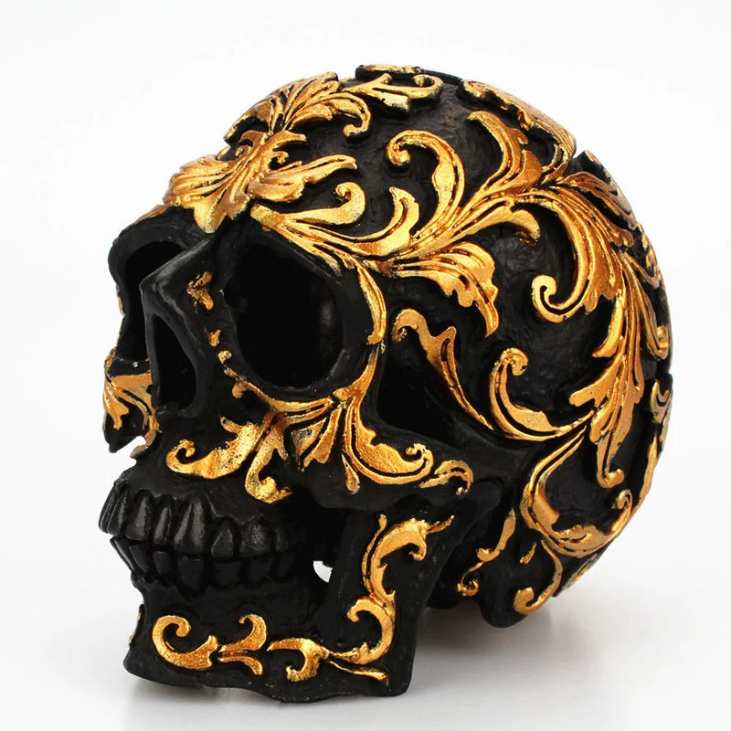 Resin Craft Black Skull Head Golden Carving