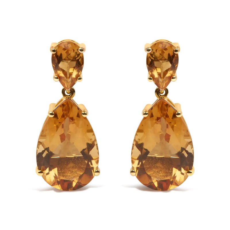 10K Yellow Gold Plated .925 Sterling Silver 12 1/3 Cttw Pear Shaped Orange Citrine Dangle Double Drop Stud Earring