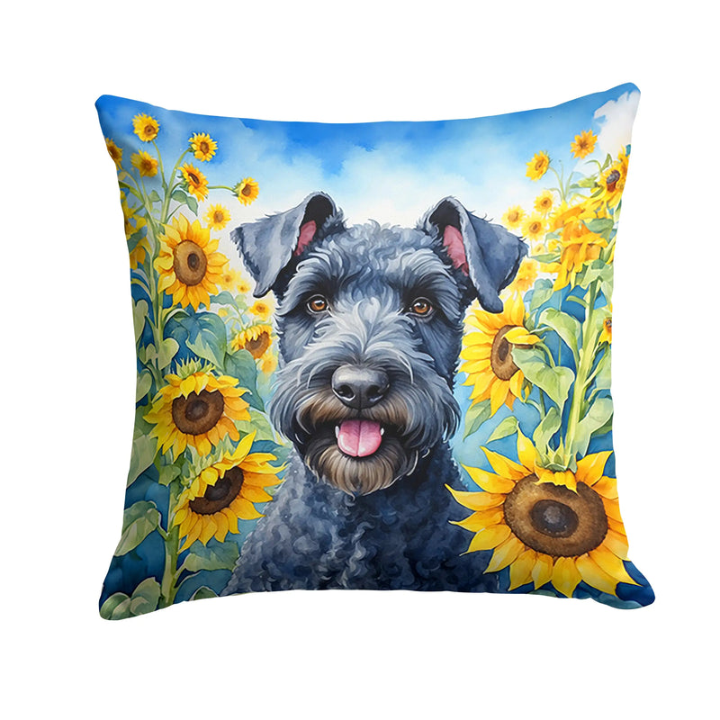 Kerry Blue Terrier in Sunflowers Throw Pillow