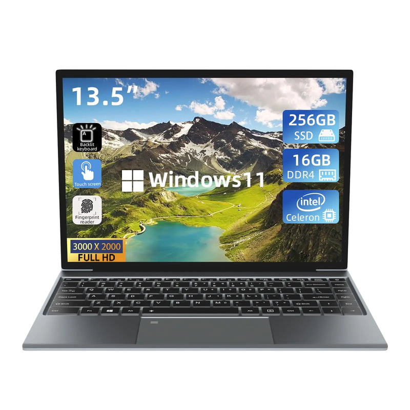 Morostron 13.5" Touch Screen Laptop Win11 Laptop Computer with N5095 16GB RAM 256GB SSD 3000x2000 FHD Backlit Keyboard Touch ID WiFi USB3.0 * 2 Bluetooth 4.2 HDMI 38WH Battery Gray