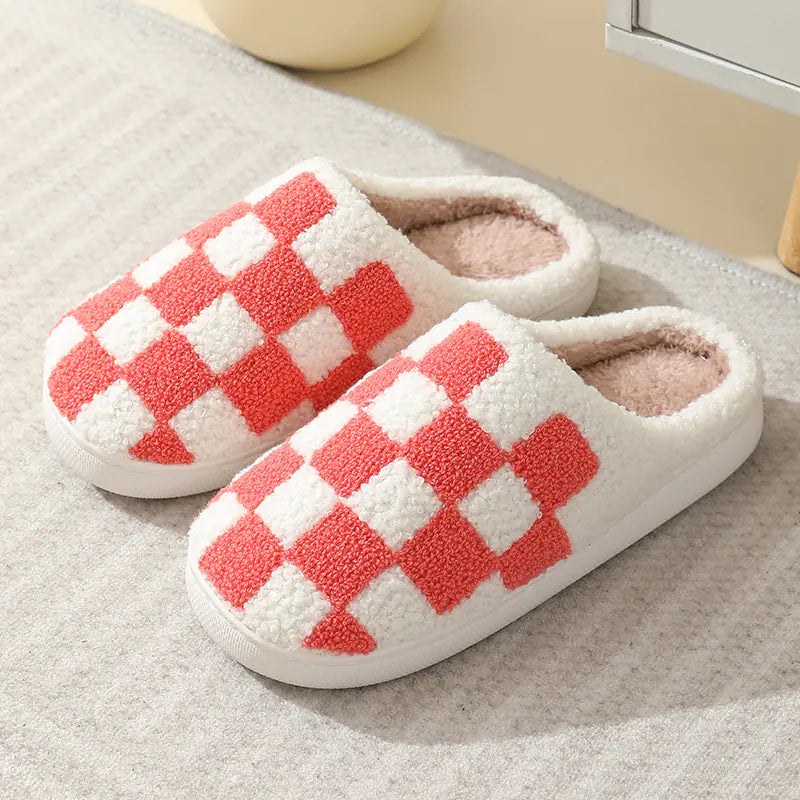Winter Chessboard Cotton Slippers for Indoor Use