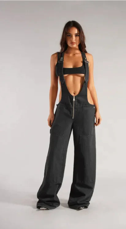 Y2K Denim Overalls with Pockets - Loose Fit Jumpsuit for Women, Streetwear Style